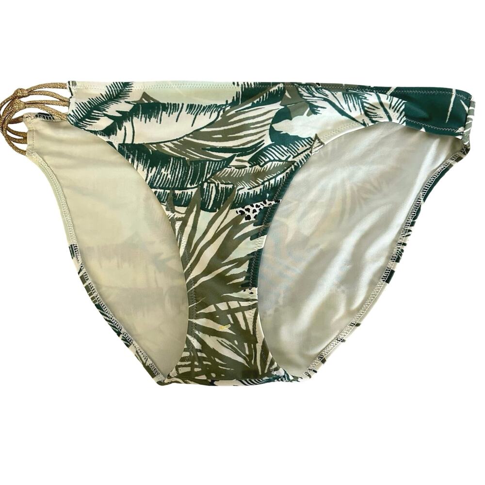 Aerie women’s bikini bottom safari print, green size‎ L side strappy detail